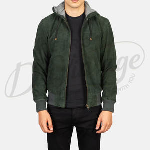 Blouson bomber en daim véritable vert forêt pour homme avec doublure grise contrastante, poignets côtelés et fermeture éclair - Product Image 5