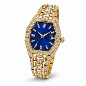 Luxury Women's Gold <b>Diamond</b> <b>Watch</b> Polygon Case Blue Dial Analog Quartz Date Display - Product Image 1