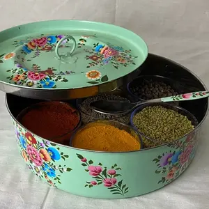 인도 Masala 상자 골동품 디자인 7 컵 향신료 컨테이너 뚜껑, 인도 향신료 상자, 스틸 향신료 상자