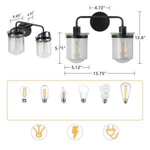 Modern 2-<b>Light</b> Indoor Wall Lamp with Clear Glass <b>Shade</b> Industrial Sconce for Bathroom Living Room Bedroom <b>Kitchen</b> Use - Product Image 5