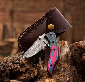 Couteau pliant artisanal en acier Damas à pointe tombante, manche en bois de rose, pour la chasse, la pêche, le camping, fournisseur OEM, fabricant - Product Image 1