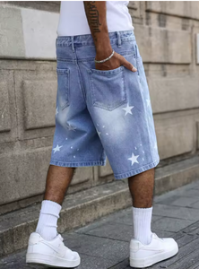 Mens blue denim shorts for spring and summerwith stars printed on the legsare stylish and simple to <b>match</b> - Product Image 2