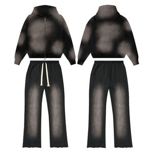 Ensemble de jogging 2 pièces personnalisé avec logo, sweat à capuche et pantalon 100 % coton, imprimé délavé vintage, sweat à capuche entièrement zippé et pantalon évasé - Product Image 6