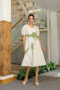 Vestido Formal Ecológico para Mujer, de Algodón con Inspiración Natural, Largo hasta la Rodilla, Venta al por Mayor, Corte Regular, Tonos Tierra, Tejido Floral Suave - Product Image 4