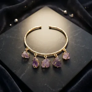 Bracelet à breloques plaqué or 24 carats avec pierre d'améthyste, style vintage, bijoux pour femmes, cadeau pour mariage - Product Image 2