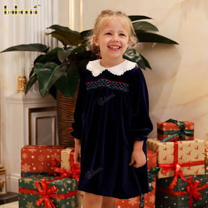 ชุดเดรสวันหยุดกำมะหยี่สีม่วงเข้มมีปกกลีบและเดรสสโมคกิ้งประดับลูกปัดชุดเดรสสำหรับเด็กผู้หญิง-DR4307 - Product Image 4