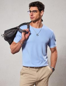 T-shirt en coton bleu clair pour homme, coupe ajustée, col rond, manches courtes, décontracté, tricoté, respirant, couleur unie - Product Image 2