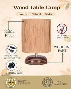 Lampe de table en bois avec abat-jour en fibre de raphia, design moderne, forme ronde, prise E27 à deux broches, interrupteur pour chambre à coucher - Product Image 1
