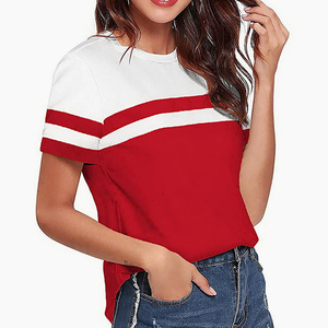 Women's Color Block Stripe Woven Cotton Blend Short Sleeve O Neck Casual Summer T-Shirt - Product Image 3
