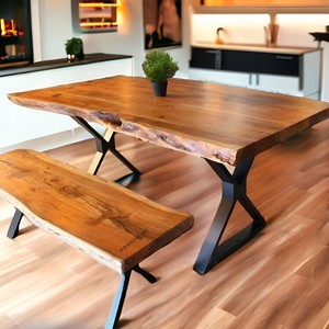 Live Edge Solid <b>Wood</b> <b>Dining</b> <b>Table</b> Set Natural Slab <b>Table</b> with Bench <b>Rustic</b> Hardwood <b>Dining</b> Room Furniture Natural <b>Wood</b> Finish - Product Image 3