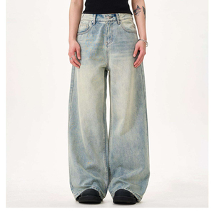 Jean décontracté pour homme, coupe large, délavé clair, taille mi-haute, fermeture éclair - Product Image 1