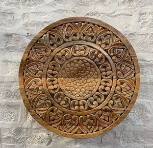 Panneau mural décoratif rond en bois massif naturel sculpté à la main avec motifs floraux pour canapé-lit et décoration intérieure - Product Image 4
