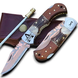Couteau utilitaire pliant EDC à pointe clip, en acier Damas cuivré, manche en corne de cerf et bois de rose, personnalisable pour le camping, la chasse et la pêche - Product Image 1