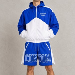 Conjunto de Dos Piezas de Ropa Urbana de Nailon para Hombre, Chaqueta y Pantalones Cortos con Bloques de Color, Cuello Alto y Estampado Gráfico con Letras - Product Image 1