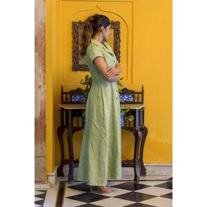 <b>Boho</b> Style Green Cotton Linen Maxi <b>Dress</b> V-neck Button Down Cap Sleeve Comfortable Loose Fit Long <b>Dress</b> - Product Image 4