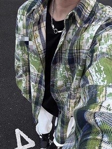 Chemise décontractée vintage oversize à carreaux tie-dye pour homme, respirante en polyester, printemps-automne, boutonnée, style designer - Product Image 2