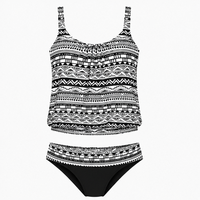 OEM Hot Selling Premium Geometrisch Geprint Tankini Set Gekruiste Halter Crop Top Stretch Spandex Polyester Zwemkleding Tankini Voor Dames