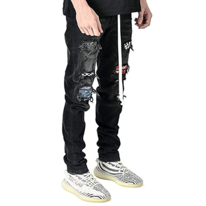Jeans déchirés noirs personnalisés pour hommes, coupe skinny, denim usé, pour streetwear, tenue décontractée et mode à marque privée - Product Image 5