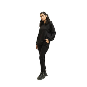 Ensemble de survêtement noir pour femmes, sweat-shirt en molleton de coton et pantalon de jogging, tenue en deux pièces, vêtements décontractés d'hiver - Product Image 2
