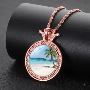 Lab Grown Diamond Crown Top Photo Pendant Custom <b>Picture</b> Medallion <b>Frame</b> <b>Gold</b> Plated Memory Charm Iced Crown Gift Party - Product Image 4