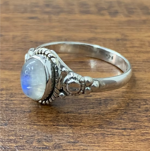 Handcrafted 925 Silver Oval Moonstone Solitaire Ring <b>Beaded</b> Side Accents and <b>Braided</b> Border Statement Bands - Product Image 2