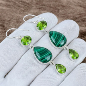 Boucles d'oreilles pendantes en argent sterling 925 massif, serties de malachite et de péridot, faites à la main, style bohème, pour femme - Product Image 1