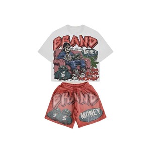 Wholesale Breathable Summer T-Shirt <b>Set</b> Brand Streetwear T-Shirt <b>Set</b> Men's Cotton Printed Tee & Shorts Summer Casual Outfit Red - Product Image 2