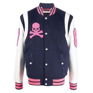 Veste universitaire classique en laine et cuir avec logo personnalisé pour hommes et femmes, col montant, noir et blanc, hiver, logo sur le devant, col rond - Product Image 1