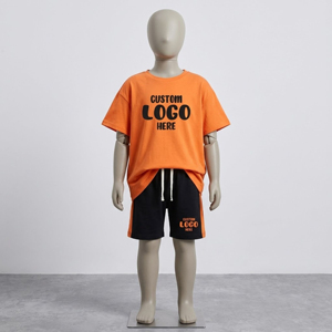 Conjunto de camiseta y pantalones cortos de algodón con logo personalizado, estilo streetwear, para niños, diseño de verano, informal, con estampado tipo waffle. - Product Image 5