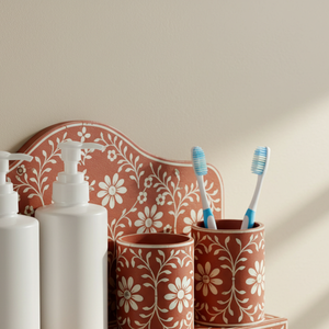 Handcrafted Bathroom Accessory Suite 5-Piece Terracotta Floral Wall Shelf Decorative Arched Vanity Organizer for <b>Soap</b> & Brushes - Product Image 2