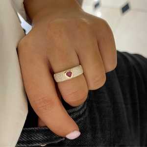 Bagues de cigare en diamant en or massif 10K 14K 18K, serties pavé avec rubis cœur taille ronde cultivés en laboratoire, dôme large, bague de déclaration de mariage - Product Image 6