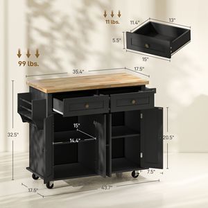 Carrello da Cucina Moderno con Ripiani Regolabili in Rovere, Ruote, Porta Spezie e Piano in Legno di Gomma - Isola da Cucina Facile da Spostare - Product Image 3