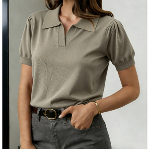 <b>Women's</b> Embroidered <b>Polo</b> <b>Shirt</b> Short Sleeve Knitted Casual Pullover Solid Color Couple Tee - Product Image 2