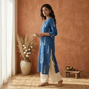 Kurti droit imprimé en coton bleu pour femme, col rond, manches trois quarts, tunique ethnique décontractée confortable pour tous les jours - Product Image 6