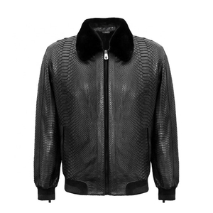 Blouson aviateur unisexe en cuir de luxe noir gaufré python, col rond, imperméable et respirant - Product Image 1