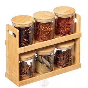 Bamboo <b>Spice</b> Rack with 6 Glass <b>Jars</b> - Natural Wood Kitchen Organizer Wholesale - Product Image 1