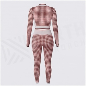 2 Piece Yoga Set Houndstooth Pattern Full Length Zipper Front High Waist Leggings Spandex Polyester Seamless Sportswear - Product Image 2
