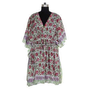 Caftán de Algodón Estampado a Mano XL, Caftán Indio KFCS200, Abaya, Caftán de Moda Dubái, Diseño Maxi Hecho a Mano, Estilo Jalabiya Corta - Product Image 4