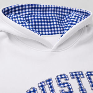 Sudadera blanca personalizada para mujer con estampado de cuadros azules, letras y bolsillo frontal, ropa informal de otoño - Product Image 4