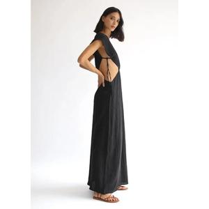 Mono largo de lino negro para mujer, cuello en V, manga abullonada, diseño hueco, ajuste holgado, estilo minimalista, ropa de playa para primavera y verano - Product Image 4