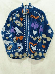 Blue <b>Velvet</b> Embroidered Floral Suzani Jacket <b>Women</b> Y2K Stand Collar <b>Coat</b> 100% Cotton Windproof Breathable - Product Image 1