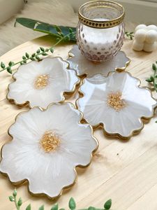 Fab Style Handmade Pink Resin Flower Shaped Coaster With Pressed Flowers And Gold Leaf Glam Design Mats & <b>Pads</b> - Product Image 3