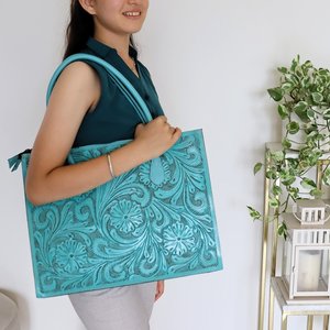 Tooled Curved Turquoise Vintage Leather Tote Bag Western Curving Leather <b>HandBag</b> Most Popular Choice at Wholesale Price - Product Image 3
