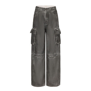Men's Gray Corduroy Cargo Pants High Waist <b>Wide</b> <b>Leg</b> Multiple Pockets Sand Wash Workwear Style Autumn Wear Button Fly - Product Image 1