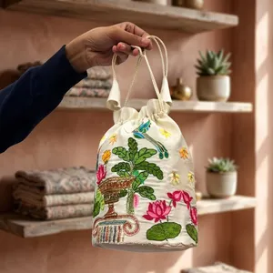 Premium Quality <b>Ivory</b> Garden Banarasi Potli Bag Bag Available for Affordable Price from India - Product Image 5