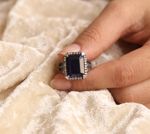 925 Sterling <b>Silver</b> Classic <b>Ring</b> Natural Rectangle Cut Faceted Claw Setting Blue Sapphire Gemstone Diamond IGI Certified - Product Image 6