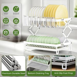 Égouttoir à vaisselle pliable à 2 niveaux avec porte-couverts et support pour planche à découper, organisateur de cuisine en métal - Product Image 2