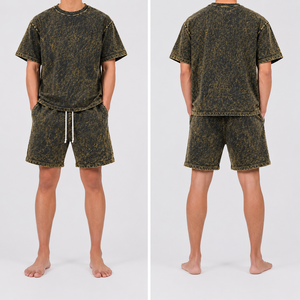 Ensemble T-shirt col rond et short à cordon de serrage pour homme, style vintage délavé, en coton épais respirant, tenue d'été streetwear assortie, USA - Product Image 2