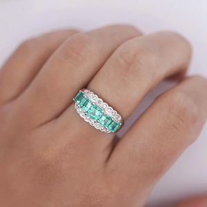 <b>Emerald</b> Cut Gemstone <b>Ring</b> Rhodium Plated 925 Silver Vintage Style Pave Setting Women's Engagement <b>Ring</b> May Birthstone - Product Image 3