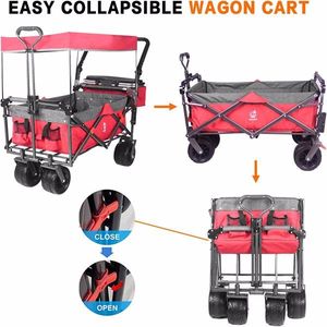 Carrello da Campeggio Pieghevole con Tettuccio Rimovibile, Grandi Ruote per Tutti i Terreni con Freno, Maniglie Regolabili, Grigio Rosso, Borsa Termica - Product Image 5